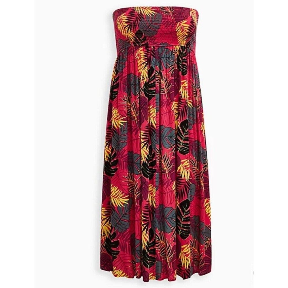 Torrid 5 XL Convertible Smocked Midi Pink Dress Skirt Crinkle Gauze Palm Leaves - Picture 3 of 12